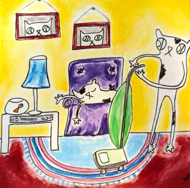 Cat Painting Original Acrylic Collectible Signed 8 x 8 Folk Art Samantha McLean