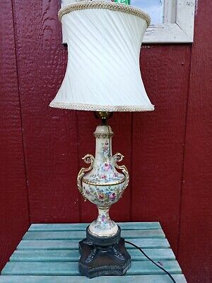 Antique Porcelain Ceramic Hand Painted Table Lamp with Roses & Ornate Handles