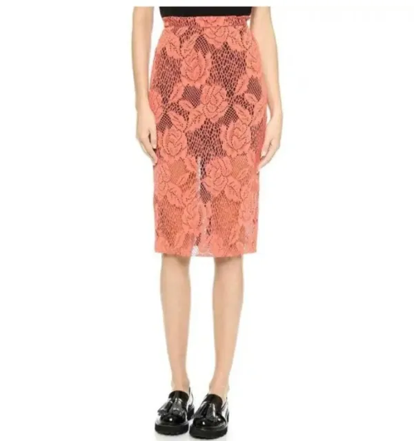 MSGM Red Orange Faux Leather Floral Laser Cut Midi Pencil Skirt Size 40 US 6