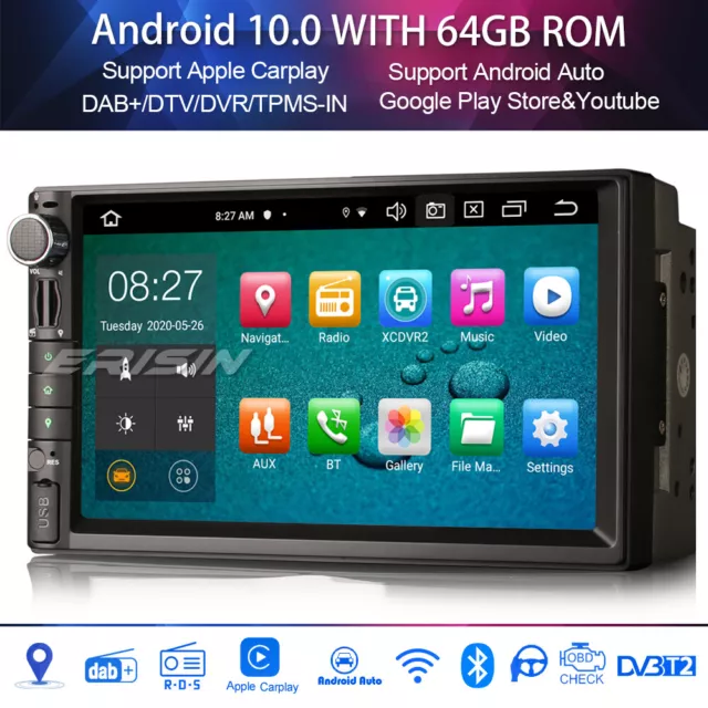 8-Kern 2 Din Autoradio Navi Android 11 DAB+Carplay Bluetooth GPS DSP TPMS DVB-T2