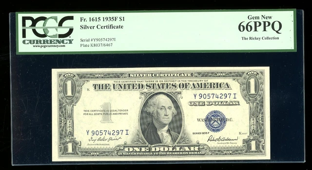 DBR $1 1935-F Silver Gem Fr. 1615 YI Block PCGS 66 PPQ Serial Y90574297I