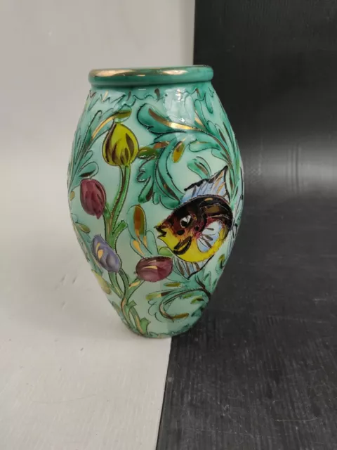 Ancien Vase en Céramique, Cerart Monaco, Décor Poissons