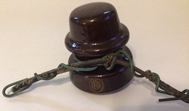 Brown Ohio B Glazed Ceramic Porcelain Electrical Insulator with wires attached