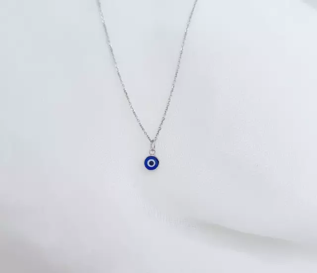 Silver Tiny Dark Blue Greek Evil Eye Pendant. 925 Sterling Silver. No Chain.