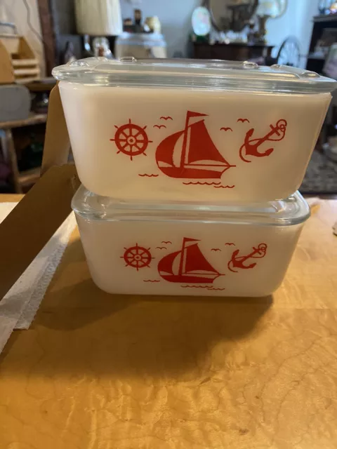 Vintage McKee Milk Glass Red Refrigerator Dishes Sailboat  5"x4"