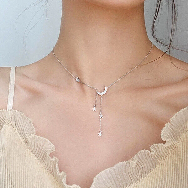 925 Silver Filled Star Moon Pendant Chain Necklace Womens Girls Jewellery Choker