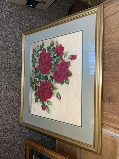 46 X 56 CMS  Hand Embroidered STUNNING FLORAL framed Picture Glassed