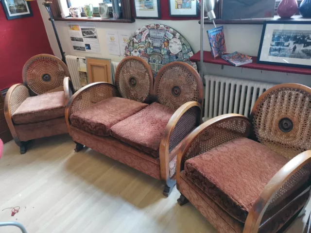1930s Original Vintage Art Deco Walnut Three Piece Rattan Bergere Suite