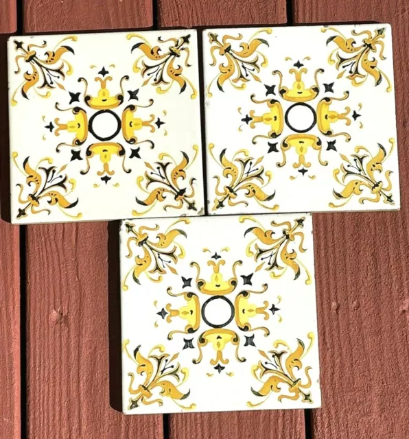 Vintage ONDA Espana Spain Hand Painted White Black Yellow 8" X 8" Ceramic Tiles 2