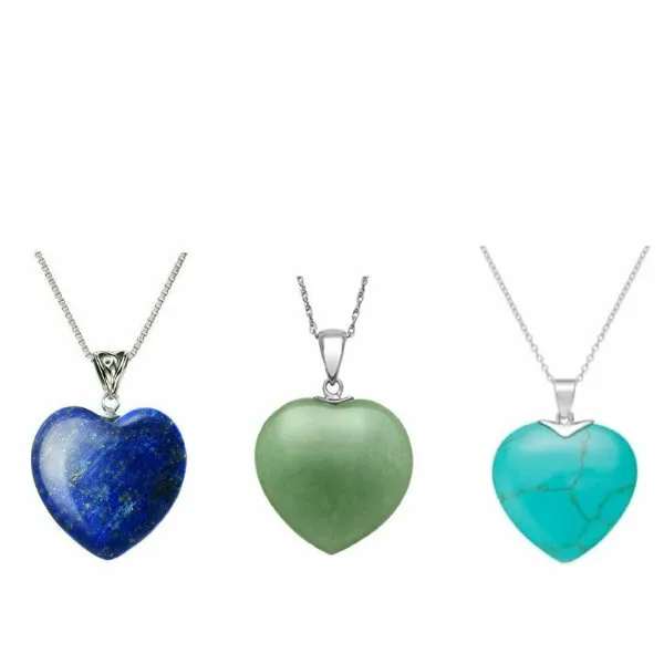 Sterling Silver Natural Gemstone Heart Pendant Necklace Jewelry Love Stone Heart