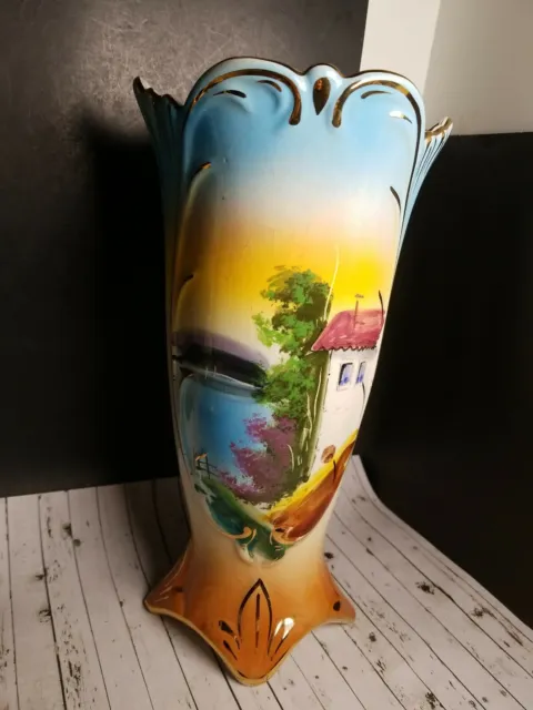 Large 10" Vase Pereiras Valado Portugal Hand Painted Scenic View Porcelain