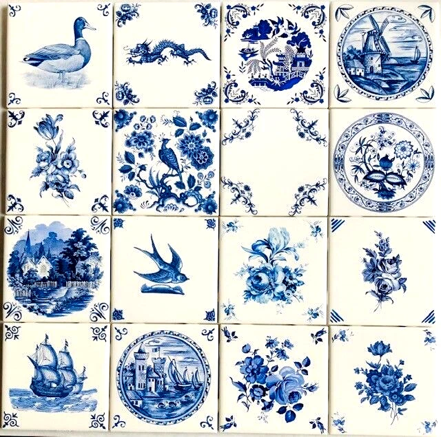 Blue & White Delft Design Assortment of 16 Kiln Fired Backsplash Ceramic Tiles