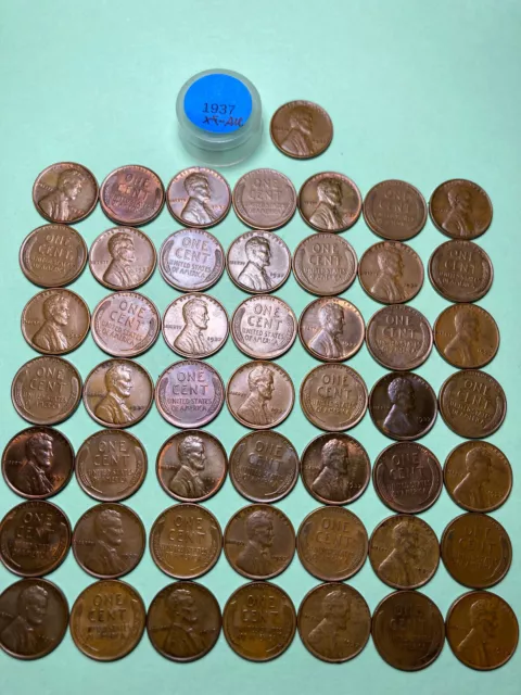 1937-P LINCOLN WHEAT CENT PENNY ROLL, HIGH GRADE, XF/AU, very nice roll