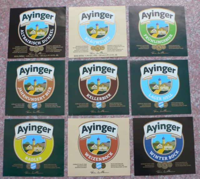 Lot De 9 Etiquettes Biere Ayinger (Allemagne) Neuves, Toutes Differentes