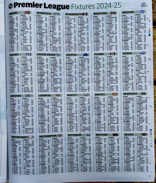 PREMIER LEAGUE FOOTBALL Fixtures 202425 By Club Date Newspaper