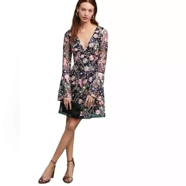 ML Monique Lhuillier Roupell Black Pink Floral Embroidered Dress size 6