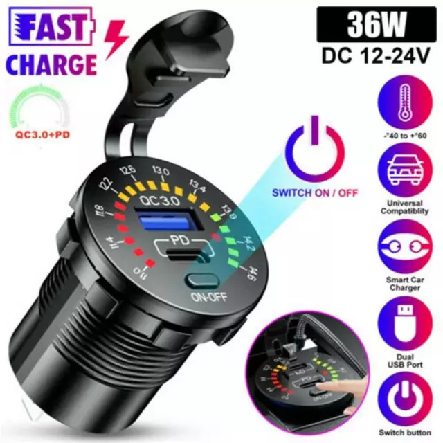 Dual USB Car Phone Charger DC 12V-24V QC 3.0 PD Socket with LED Voltmeter XS