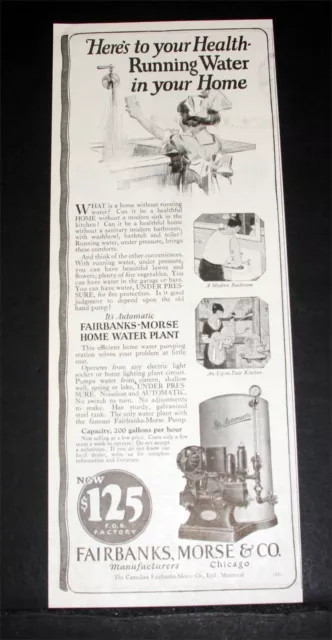 1922 Old Magazine Print Ad, Fairbanks, Morse Home Water Plant For Running Water!