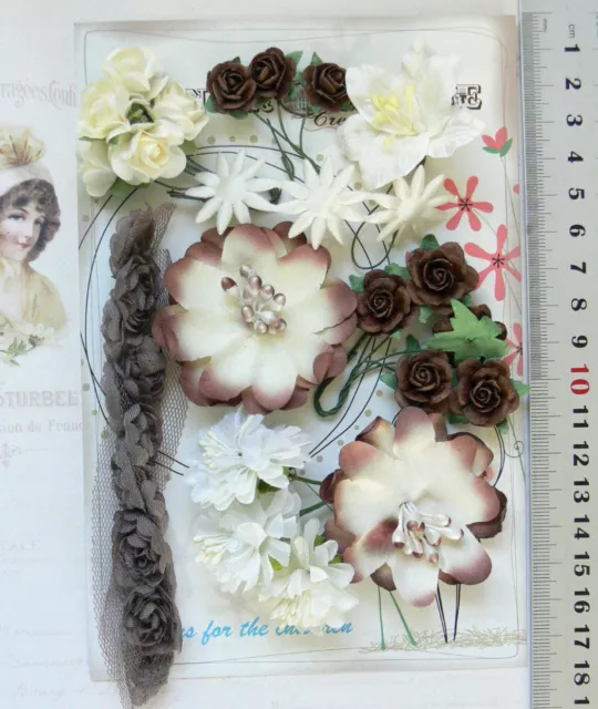 BROWN REDWOOD IVORY 34 Flower Mix 6 Tones 6 Styles PAPER & FABRIC 20-55mm VE4 2