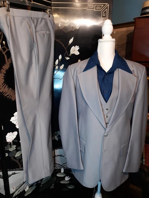 VTG 60s 70s Silver Gray 3 Piece Suit Disco  Men's 40 Tall 34 W L33.25