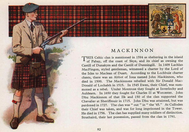 MacKinnon. Scotland Scottish clans tartans arms 1957 old vintage print picture