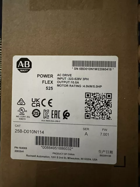 New Allen-Bradley 25B-D010N114 PowerFlex 525 AC Drive AB 25BD010N114