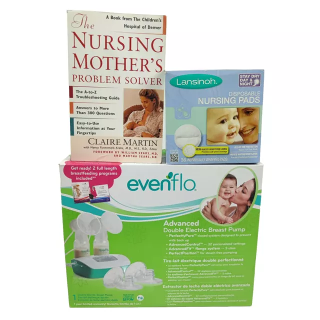 Evenflo 2951 Advanced Double Electric Breast Pump Power Supply Pads Book Bundle