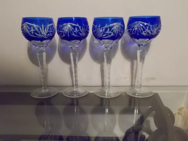 4 Crystal Bohemian Czech Cobalt Blue Cut to Clear Wine Glasses