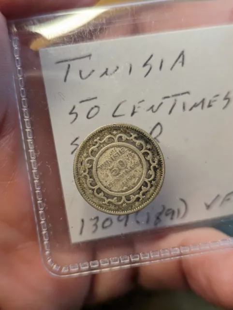 1309 (1891) Tunisia 50 Centimes Silver Coin - #B198