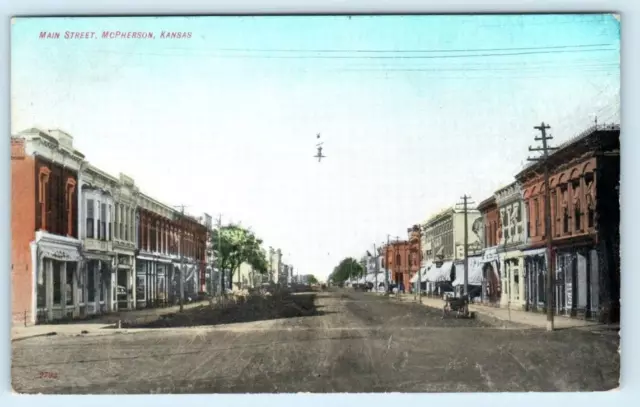 McPHERSON, Kansas KS ~ MAIN STREET Scene 1909  Postcard
