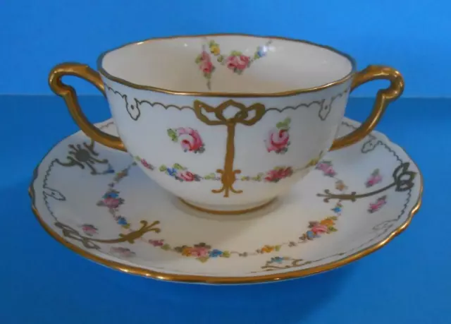 Royal Crown Derby Antique Hand Painted Roses & Ribbons Cream Soup Cup & Saucer