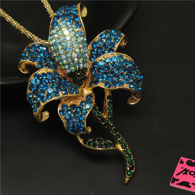 New Betsey Johnson Blue Bling Flower Rhinestone Crystal Pendant Chain Necklace 4