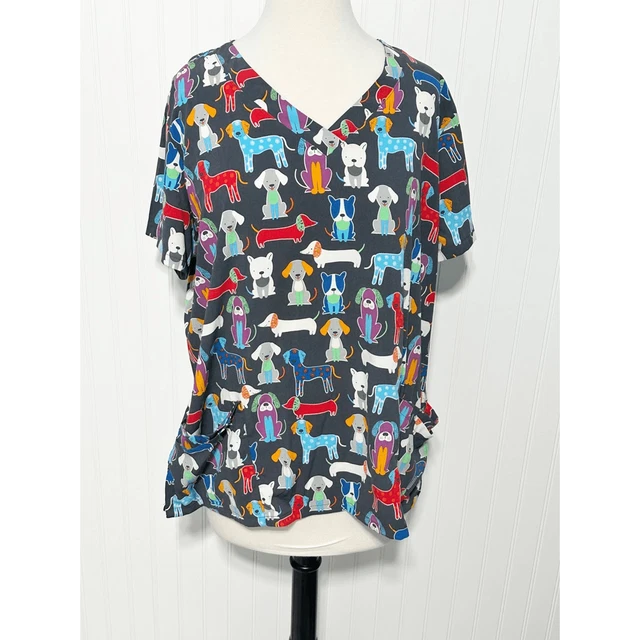 Butter-Soft Women's Hawaiian Animal Dog Nurse Working Uniform Scrubs Gray XL
