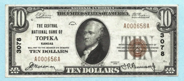 $10 National Currency 1929 - Type 1 - Ch#3078 - Central NB, Topeka, KS - ChVF