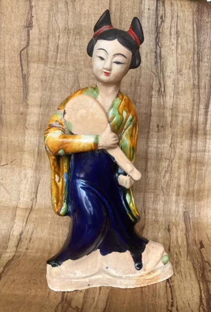 Chinese Antique Tang Sancai Porcelain Glazed Sculpture Woman Musician 13” 3