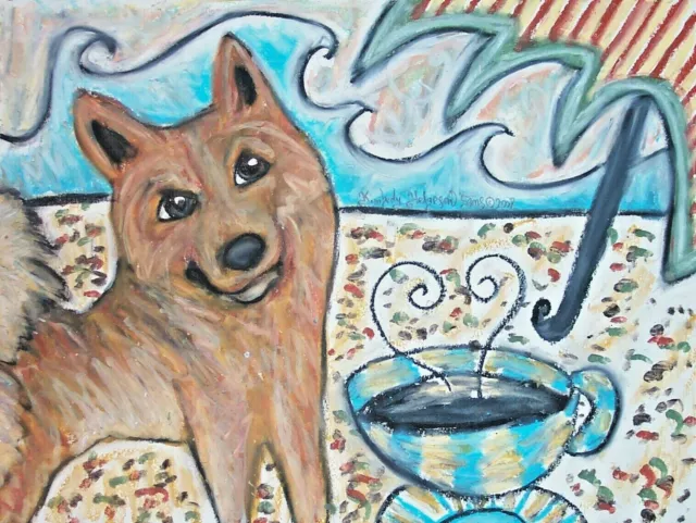 Finnish Spitz Collectible Art Print 4x6 Artist KSams Dog Drinking Coffee Beach