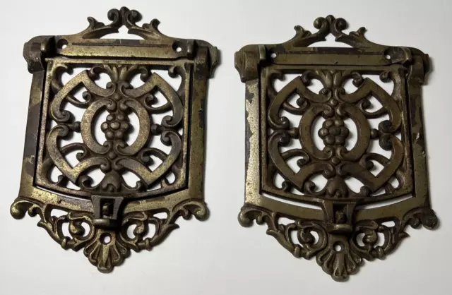 PAIR Antique Ornate GOLD Cast Iron Peep Hole Doors Speakeasy Marked SR Set of 2