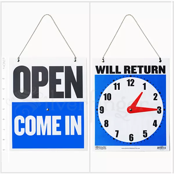 • OPEN CLOSED Sign / WILL RETURN • CLOCK : Business Hours —Hanging 2-Sided 9x7½"