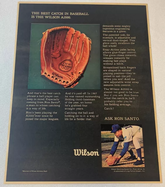 1968 Wilson Ad Seite ~ Ron Santo ~ Beste Haken IN Baseball