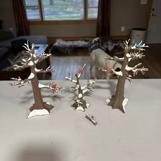 CHRISTMAS VILLAGE dept 56 2 BARE BRANCH OAK TREES SNOW CARDINAL BLUEBIRD Parts