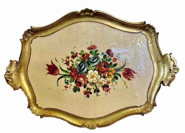 Vintage Ornate Gold Italian Florentine Floral Wood Tray See Pictures