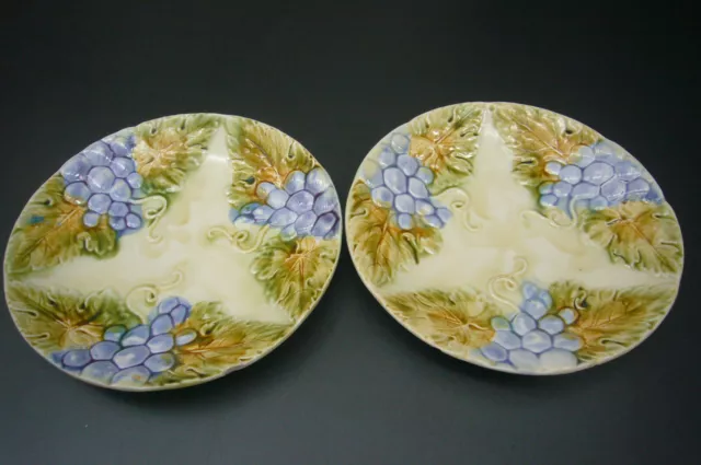 Two Antique Plates  French Majolica  By Orchies 1900 Bunch Of Grapes In Relief