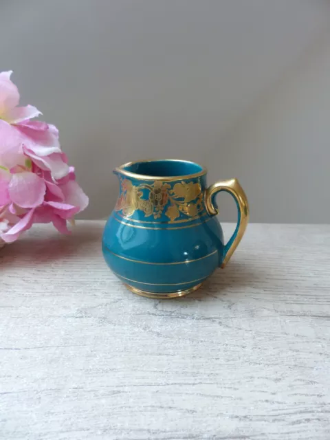 Ancien petit pot à crème Sadler en céramique bleu vert motif doré