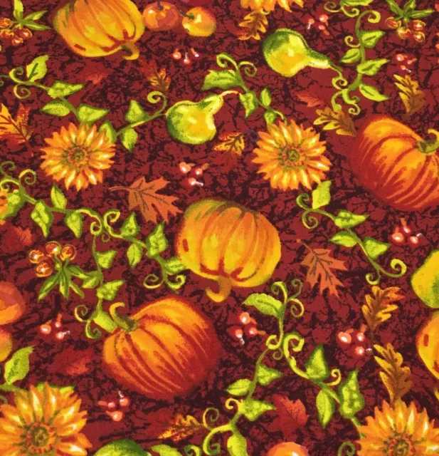 Hancock Fabrics Orange Pumpkin Squash Sunflowers Apples on Maroon 1 Yard 24"