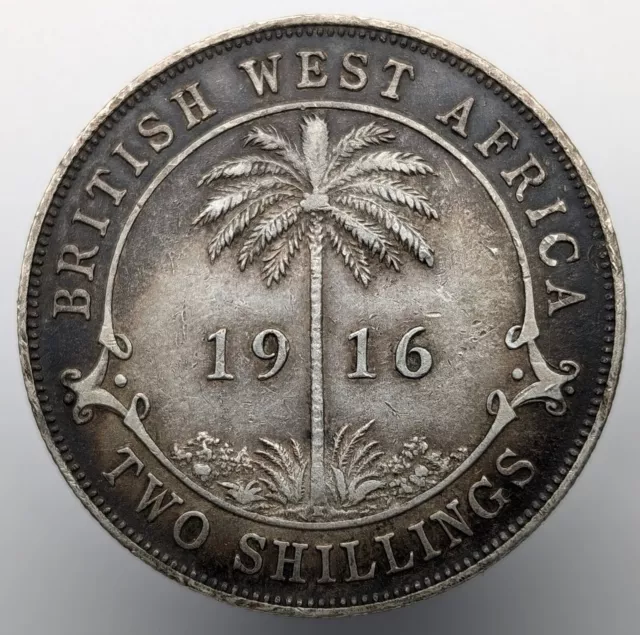 British West Africa 1916 H Two Shillings Silver (.925) Coin, Palm Tree, George V