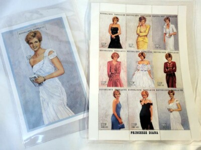 Princess Diana Royal Gowns Stamps Block of 9 & White Chiffon Dress w/ COAs