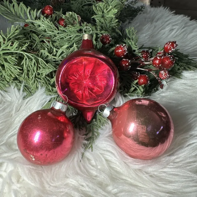 Lot of 3 Pink Vintage Shiny Brite Mercury Glass Ornaments Glitter Indent Poland