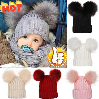 Newborn Kids Baby Boy Girl Double Fur Pom Hat Winter Warm Knit Bobble Beanie Cap
