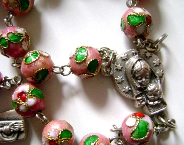 * PINK CLOISONNE ROSE BEADS ROSARY & CROSS crucifix catholic necklace 3