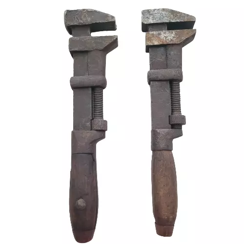 Vintage Wood Handled Adjustable Monkey Wrench Lot of 2 Pipe  Wrenches Antique